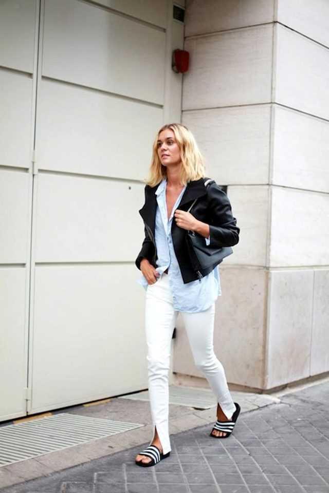 รูปภาพ:http://cdn.cutypaste.com/wp-content/uploads/2015/04/21-Le-Fashion-Blog-30-Fresh-Ways-To-Wear-White-Jeans-Jacket-Blue-Button-Down-Shirt-Adidas-Slide-Sandals-Via-Adenorah.jpg