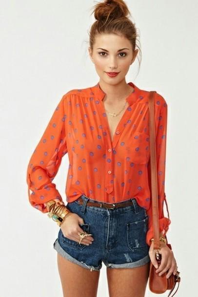 รูปภาพ:http://picture-cdn.wheretoget.it/7gpeco-l-610x610-blouse-orange-polka+dot-blue-vneck-flowy-sheer-shorts-jewelry-handbag-long+sleeve-outfit-summer-accessories-belt-fashion-girly-jeans-jewels-coral+blouse.jpg