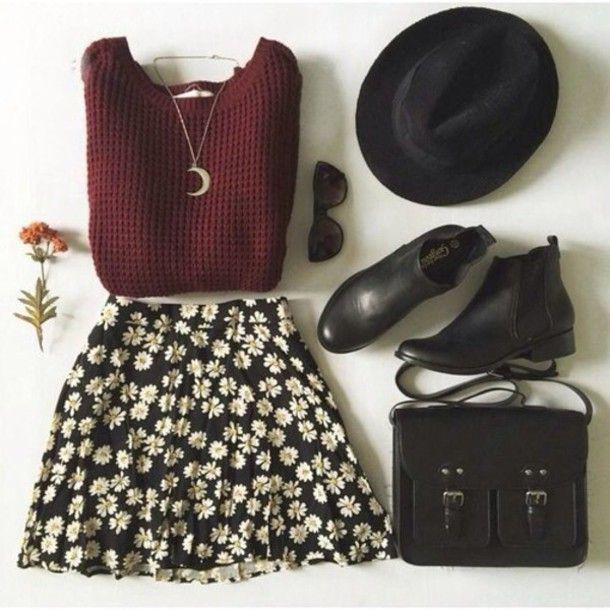 รูปภาพ:http://picture-cdn.wheretoget.it/6dky10-l-610x610-moon-pendant-chelsea+boots-black+hat-fall+outfits-knitted+sweater-burgundy-burgundy+sweater-daisy-floral+skirt-skater+skirt-floral+skater+skirt-black+bag-satchel+bag-school-flare+s.jpg