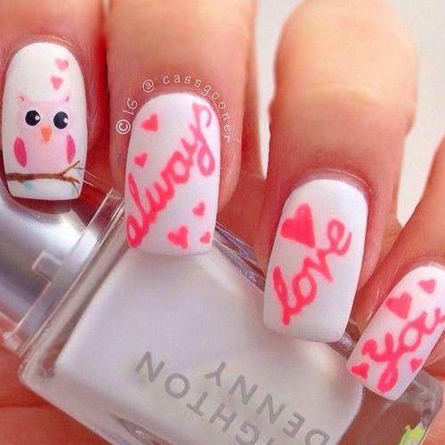 รูปภาพ:http://www.nailmypolish.com/wp-content/uploads/2016/01/pink-owl-valentines-day-nails-white-basecoat.jpg