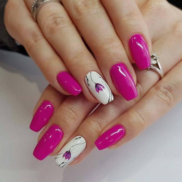 รูปภาพ:https://stayglam.com/wp-content/uploads/2018/03/Vibrant-Pink-Nails-with-Floral-Accent-Nail.jpg