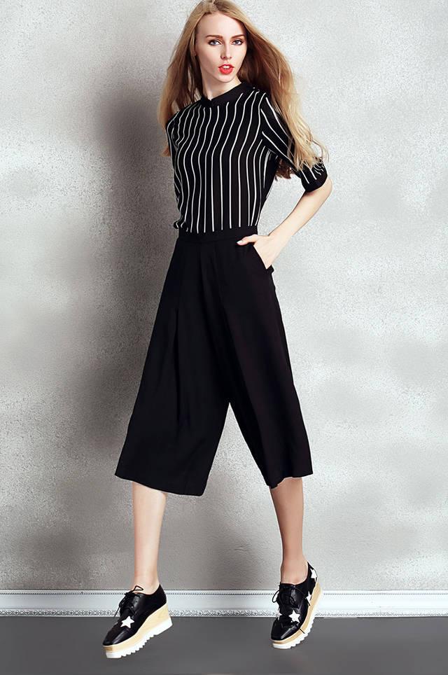 รูปภาพ:http://g04.a.alicdn.com/kf/HTB1.5DlHVXXXXcXXFXXq6xXFXXXK/Women-Clothing-Set-Stripe-T-Shirt-Tops-Black-Wide-Leg-Pants-Cropped-Trousers-2015-Spring-Summer.jpg