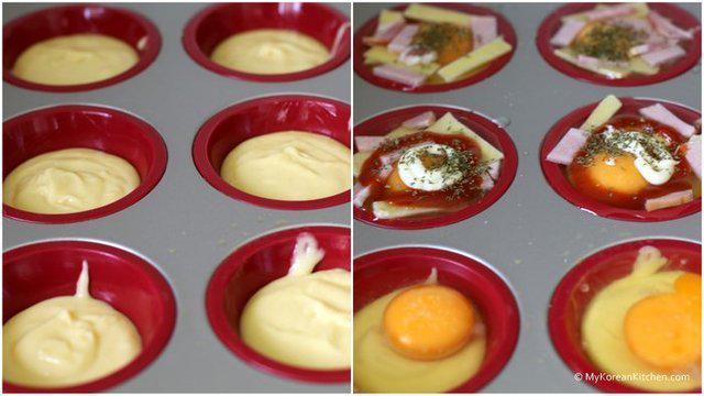 รูปภาพ:http://koreankitchen.wpengine.netdna-cdn.com/wp-content/uploads/2013/11/Step-6.Scoop-out-some-batter-onto-the-muffin-tray-then-add-the-egg.jpg