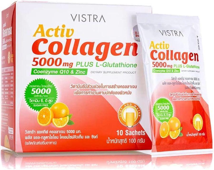 รูปภาพ:คอลลาเจนผิวรสส้ม VISTRA Activ Collagen 5000 mg PLUS L-Glutathione Coenzyme Q10 & Zinc
