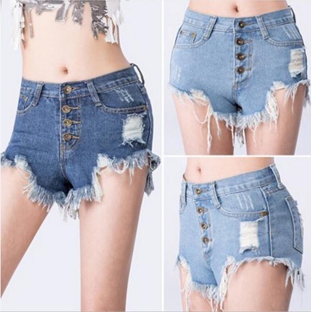 รูปภาพ:http://g01.a.alicdn.com/kf/HTB1IA.XKpXXXXXqaXXXq6xXFXXX7/2015-Short-Jeans-Feminino-New-summer-fashion-shorts-Tassel-4-button-high-waist-hole-denim-shorts.jpg