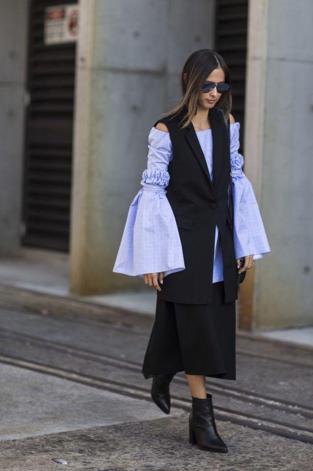 รูปภาพ:http://www.closetfulofclothes.com/wp-content/uploads/2015/05/sleeveless-vest-oversized-sleeves-bell-sleeves-ankle-boots-black-and-blue-sky-blue-midi-skirt-spring-work-outfit-australia-fashion-week-ref-640x961.jpg