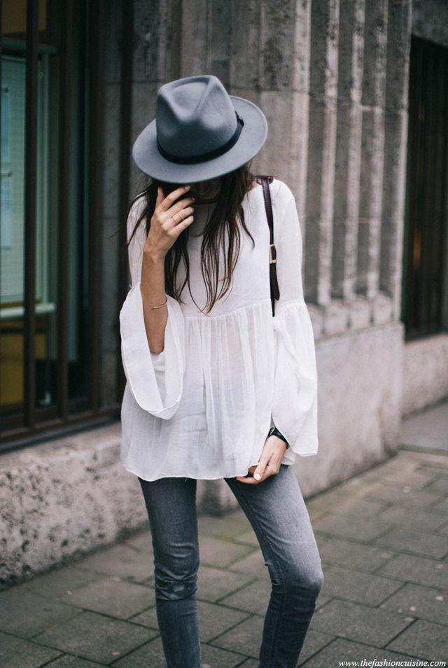 รูปภาพ:http://www.thefashioncuisine.com/wp-content/uploads/2015/08/Zara-white-bell-sleeve-top-Brixton-grey-hat-burgundy-box-leather-bag-boho-style.jpg