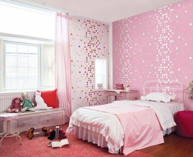 รูปภาพ:http://www.bicombih.com/g/2015/11/cute-bedroom-ideas-for-light-pink-wall_round-red-ottoman_brown-wooden-laminate-flooring_pink-fabric-vertical-curtain_red-striped-wool-rug_pink-polka-dot-wall-mural_beige-varnished-wood-bench-storage-728x594.jpg