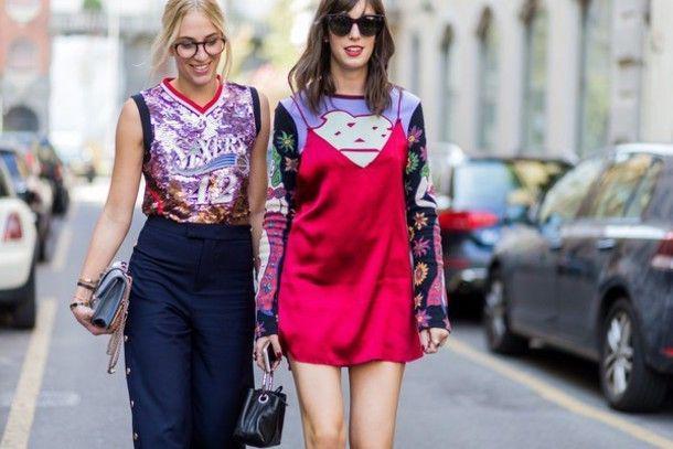 รูปภาพ:http://picture-cdn.wheretoget.it/zhcltb-l-610x610-dress-fashion+week+street+style-red+dress-mini+dress-slip+dress-dress+t+shirt-sweater-printed+sweater--sequin-sequins-lilac-pants-blue+pants-wide+leg+pants-sunglasses-glasses-stree.jpg
