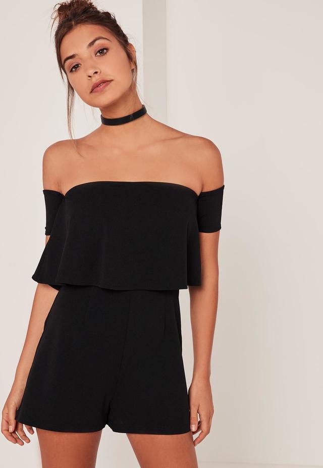 รูปภาพ:https://media.missguided.com/s/missguided/P9662040_set/1/black-bardot-double-layer-crepe-playsuit.jpg?$product-page__zoom--1x$