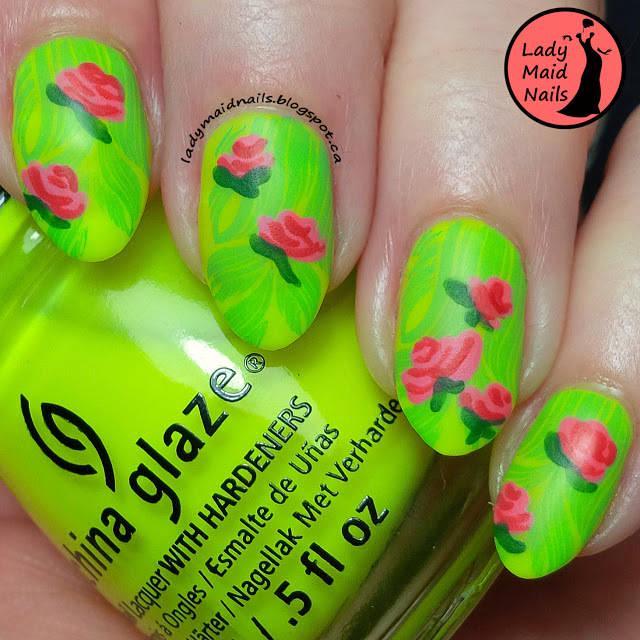 รูปภาพ:http://shortnaildesigns.net/wp-content/uploads/2015/07/Neon-Green-Nails-With-Cute-Roses.jpg