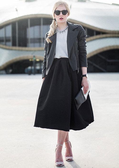 รูปภาพ:https://stayglam.com/wp-content/uploads/2014/11/Midi-Skirt-Leather-Jacket-Outfit.jpg