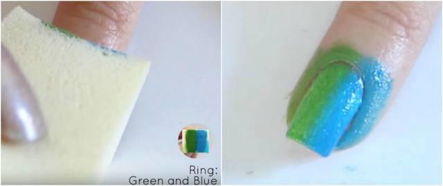 รูปภาพ:http://cosmetologytimes.com/wp-content/uploads/2016/05/Ring-Green-and-Blue-Rainbow-Gradient-Nail-Art-Design-Using-Makeup-Sponges.jpg