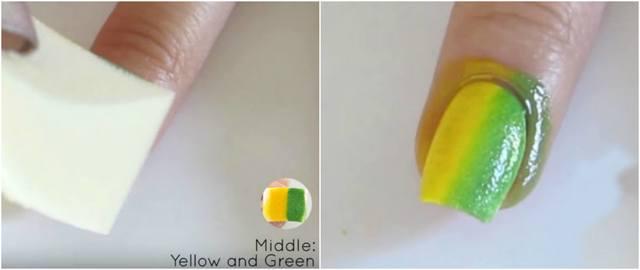 รูปภาพ:http://cosmetologytimes.com/wp-content/uploads/2016/05/Middle-Yellow-and-Green-Rainbow-Gradient-Nail-Art-Design-Using-Makeup-Sponges.jpg