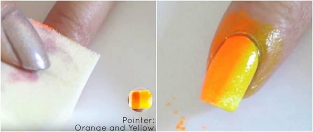 รูปภาพ:http://cosmetologytimes.com/wp-content/uploads/2016/05/Pointer-Orange-and-Yellow-Rainbow-Gradient-Nail-Art-Design-Using-Makeup-Sponges.jpg