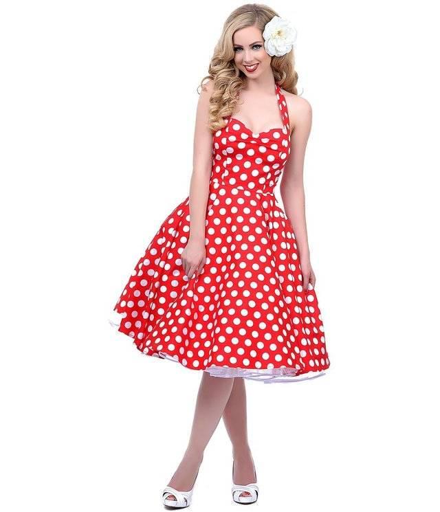 รูปภาพ:http://www.dressestyle.com/wp-content/uploads/2014/05/50s-Style-Red-White-Dotted-Halter-Mariam-Swing-Dress.jpg