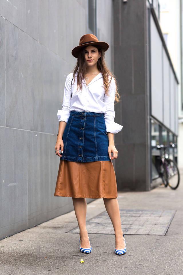 รูปภาพ:http://glamradar.com/wp-content/uploads/2016/01/5.-denim-skirt-with-leather-skirt-and-button-down-shirt.jpg